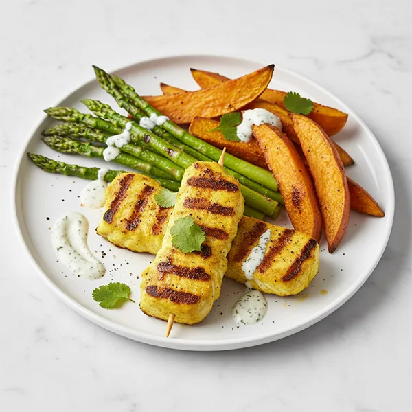 Turmeric Fish Kebab With Chargrilled Asparagus And Sweet Potato